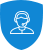 Blue shield icon with white outlined customer service person in the middle.