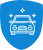 Blue shield icon with white front-facing car in the middle.