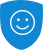 Blue shield icon with white outlined smiley face in the middle.